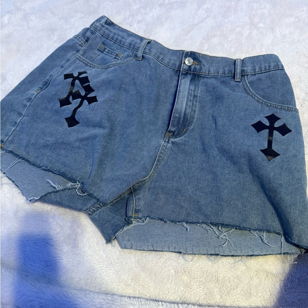 SHEIN Blue Denim Shorts with Black Cross Accents